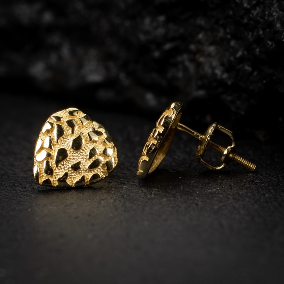 Cute Heart Womens Solid Yellow Gold 925 Sterling Silver Nugget Stud Earrings - Picture 2 of 5